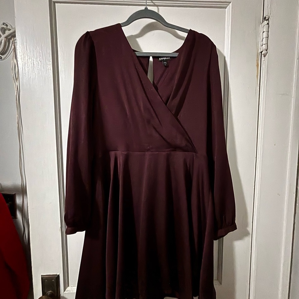 Express Maroon A-Line Wrap Dress with Bishop Sleeves